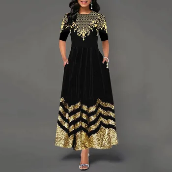Läikiv Must Plisseeritud Pikk Õhtu Kleit Vintage Õie Trükitud Joonega, Elegantne Naiste Kleit Tasku Ehitud Pool Vestidos