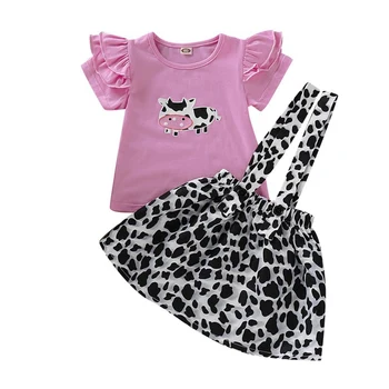 Summer Baby Girl Lühikesed Varrukad Põletatud Varrukad Puuvillane T-särk, Pluus Lilleline Leopard Rihm Seelikud Vabaaja Rõivad Komplekt