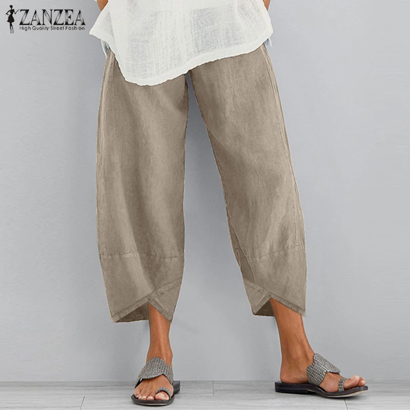 ZANZEA Pluss Suurus Naiste Püksid Lady Tahke Asümmeetrilised Pikad Püksid Naiste Vabaaja Taskud Elastne Vöökoht Püksid Lai Jalg Streetwear