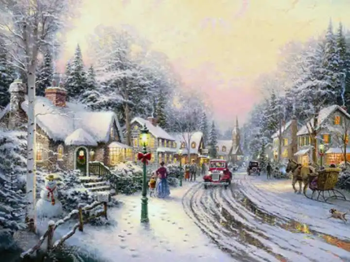 Trükitud Thomas Kinkade Küla Jõulud lõuend print õlimaal,suur lõuend kunsti odav ,seina art lõuend maali