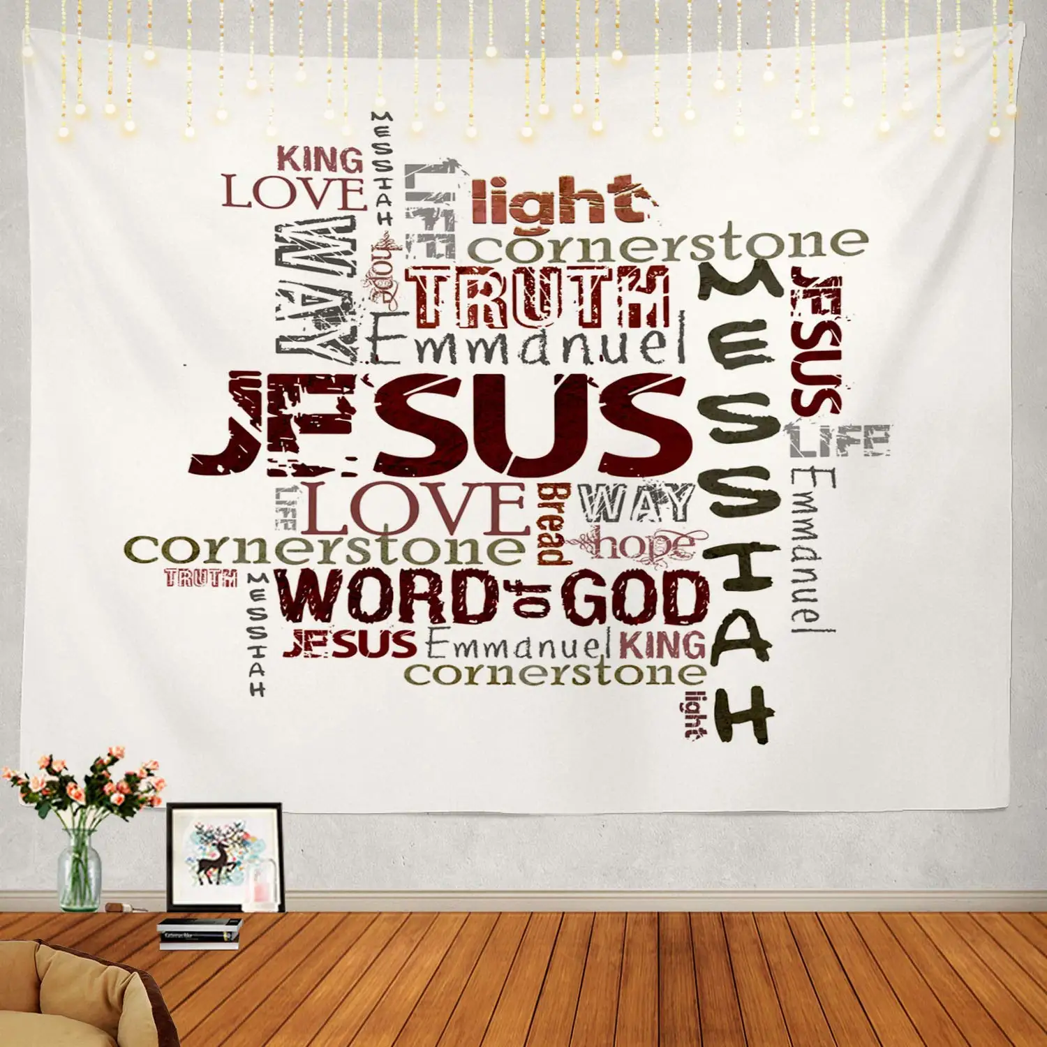 Kristliku Religioosse Sõnad, Valge Jeesus Jumalateenistus Kirikus Armastus Seinal Rippus Suur Psühhedeelne Tapestry Teenetemärgid