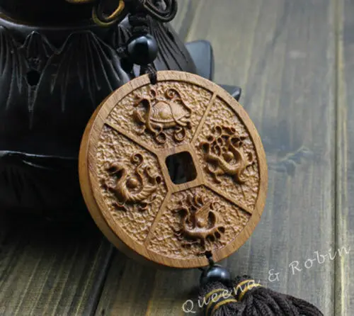 Hiina Feng Shui Geomancy Neli Jumal Dragon Sõlm Puidu Nikerdamiseks Auto Ripats Amulett