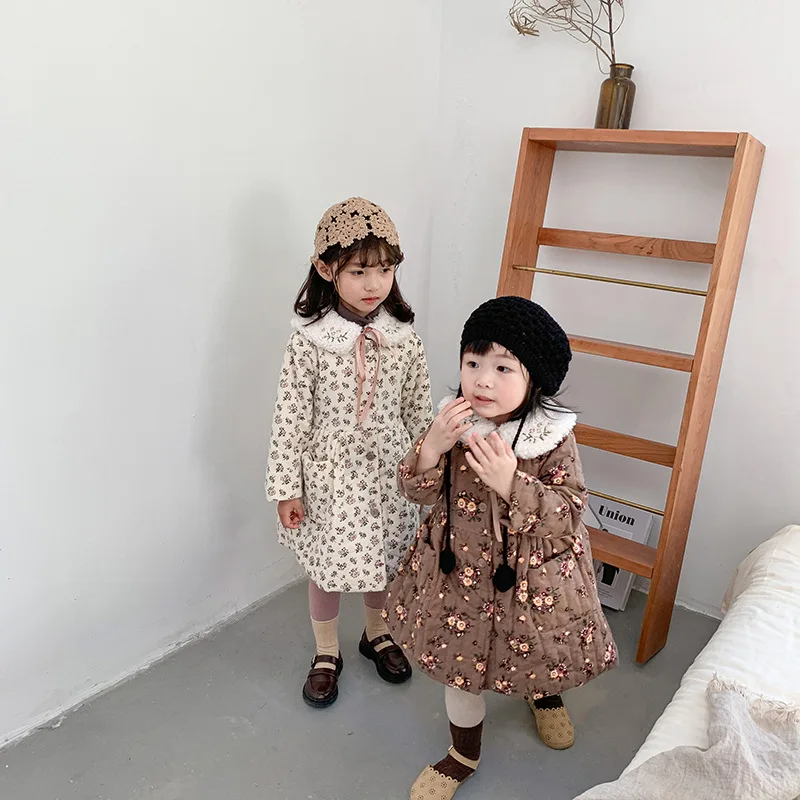 Korea Mori Tüdruku Õie Tepitud Puuvillase Lapiga Kleidid Laste Lill Trükitud Puuvillane Polsterdatud Kleit Ilma Lambaliha, Vill Krae