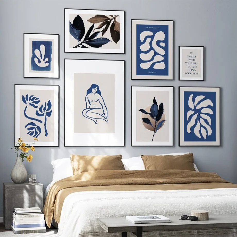 Abstraktne Seina Art Lõuend Värvimine Sinine Joon Tüdruk Lotus Leaf Põhjamaade Plakatid Ja Pildid Seina Pildid Elutuba Home Decor