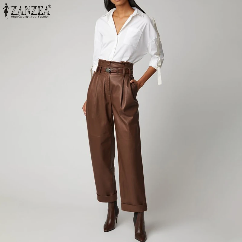 Naiste Lai Jalg Püksid ZANZEA 2021 Elegantne Faux Nahast Püksid Casual-Nupp Zip Long Pantalon Naiste Must Pluss Suurus Naeris