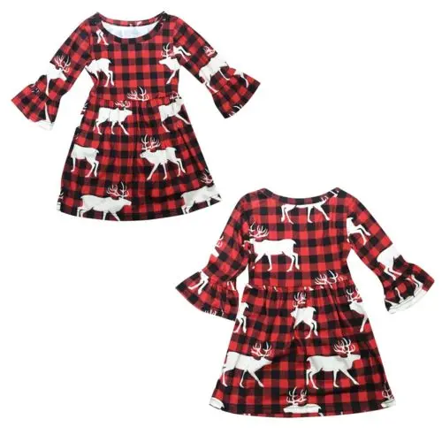 Xmas Väikelapse Beebi Tüdrukud Dress Kontrollida Ruuduline Jõulud Deer Tutu Kleidid Riided Suurus 3-9T