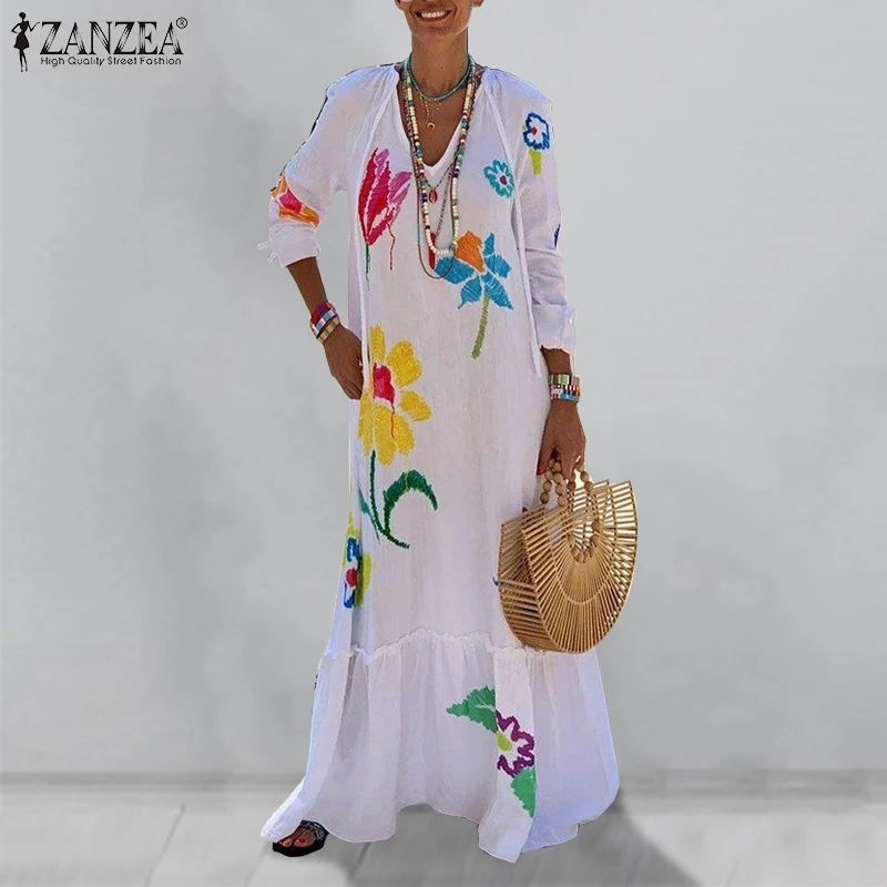 Naiste 2021 Mood Põranda Pikkus Kleit ZANZEA Õie Printida Rüü Naiste V-Kaeluse Ruffle Vestidos Beach Puhkus Casual Kleidid S-5XL