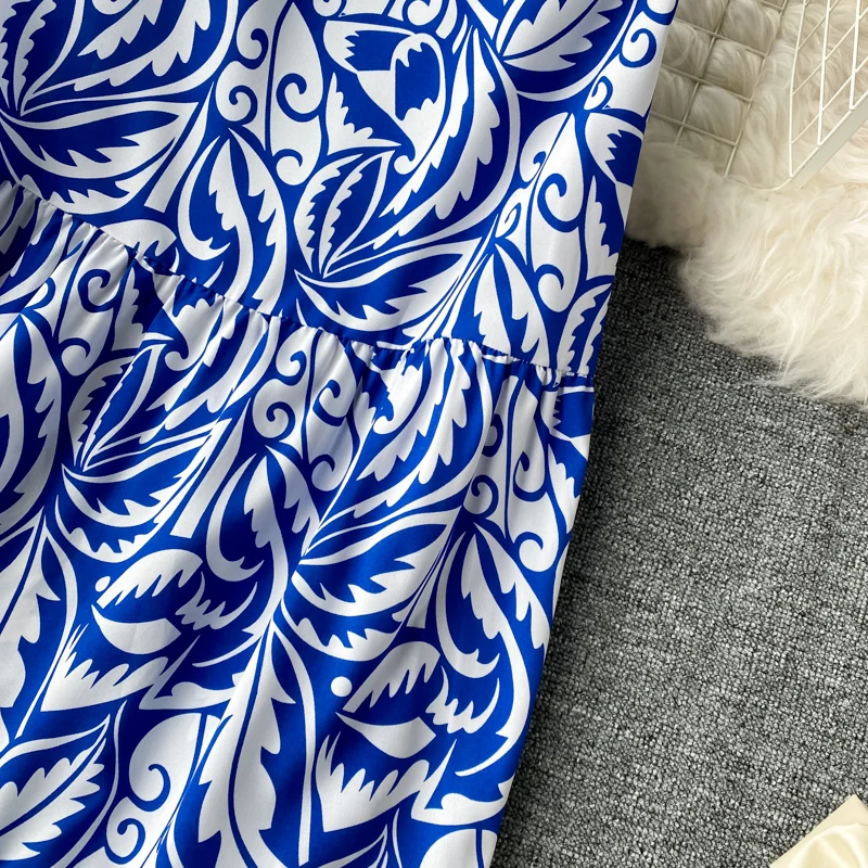 Bohemian Naiste Prindi Midi Seelik Elegantne Sinine Kõrge Vöökoht Ruffle Hem Seelikud Vabaaja Naine Boho Chic Uus Mood Faldas Saia 2020