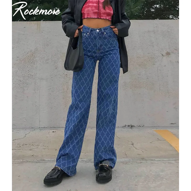 Rockmore Sinine Argyle Ruuduline Kõrge Vöökoht Denim Sirge Teksad Naistele Y2K Püksid 90s Vintage Casual Femme Streetwear Lai jalg Püksid
