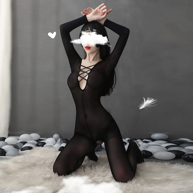 Must Seksikas Keha Sukad Naine Erootiline Läbipaistev Aluspesu Pikad Varrukad Avatud Jalgevahe Catsuit Bodysuit Naiste Cosplay Kostüümid