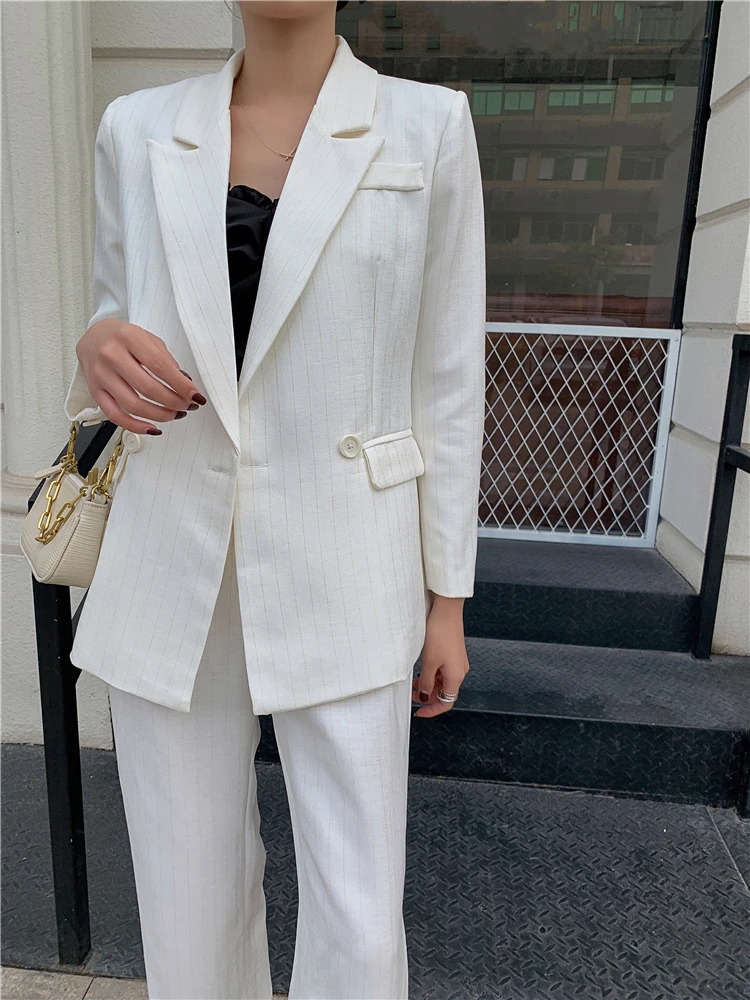Colorfaith 2020. aasta Uus Suvi Sügis Naiste Komplektid 2 Töö Sobitamine Vabaaja Püksid Kõrge Vöökoht Office Lady Triibuline Elegantne Ülikond WS20008