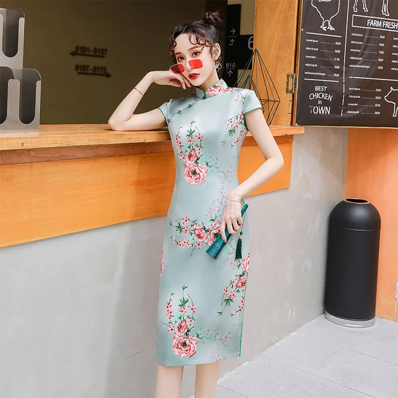 Traditsiooniline Ploomi Trükitud Rayon Cheongsam Naiste Klassikaline Hiina Daamid Õhtul Kleit Vintage Mandarin Krae Satiin Qipao
