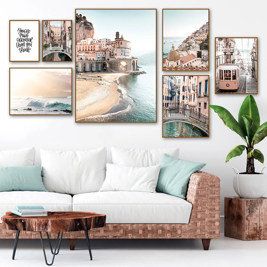Amalfi Rannikul Mereäärses Lained Trammi-Põhjamaade Veneetsia Plakatid Ja Pildid Seina Art Lõuend Maali Seina Pildid Elutuba Decor