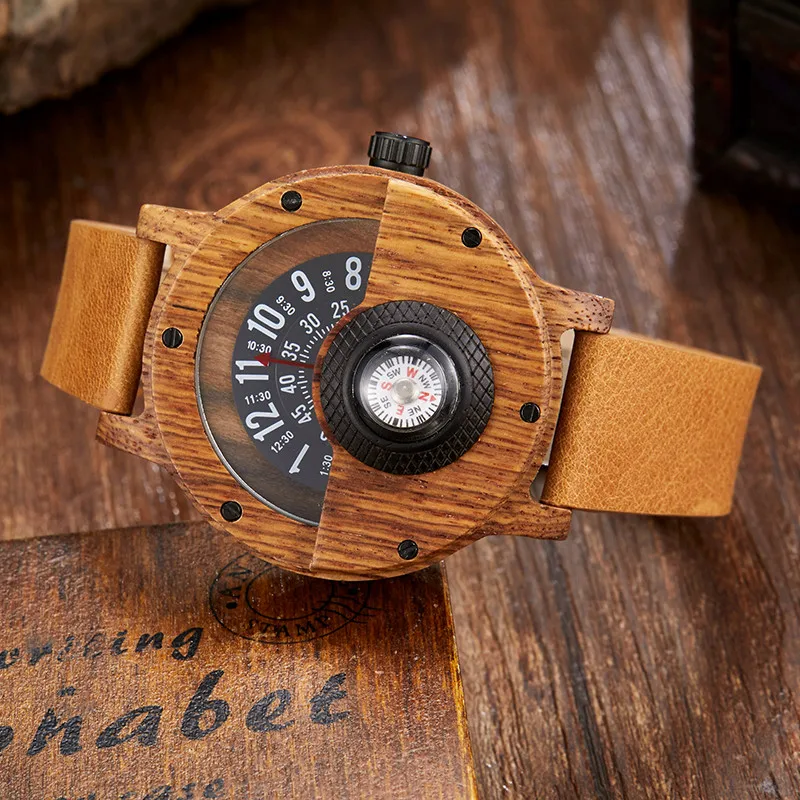 Loominguline Puidust Olge Mehed Unikaalne Kompass Turntable Poole Dial Mees-Kell Nahast Naturaalsest Puidust Käekell Luksus Vaadata Relogio