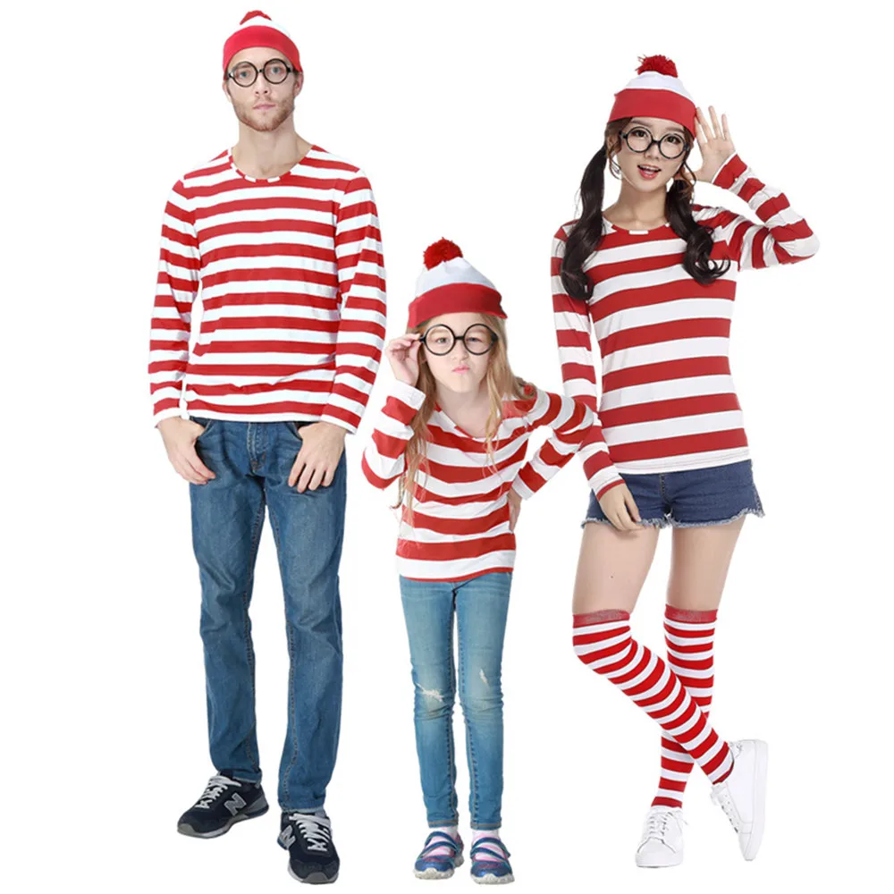 Vanem-Laps, Kus on Wally Kostüüm Waldo Raamat Nädalal Fancy Dress Komplekt Triibuga Särk, Müts, Prillid Komplekt