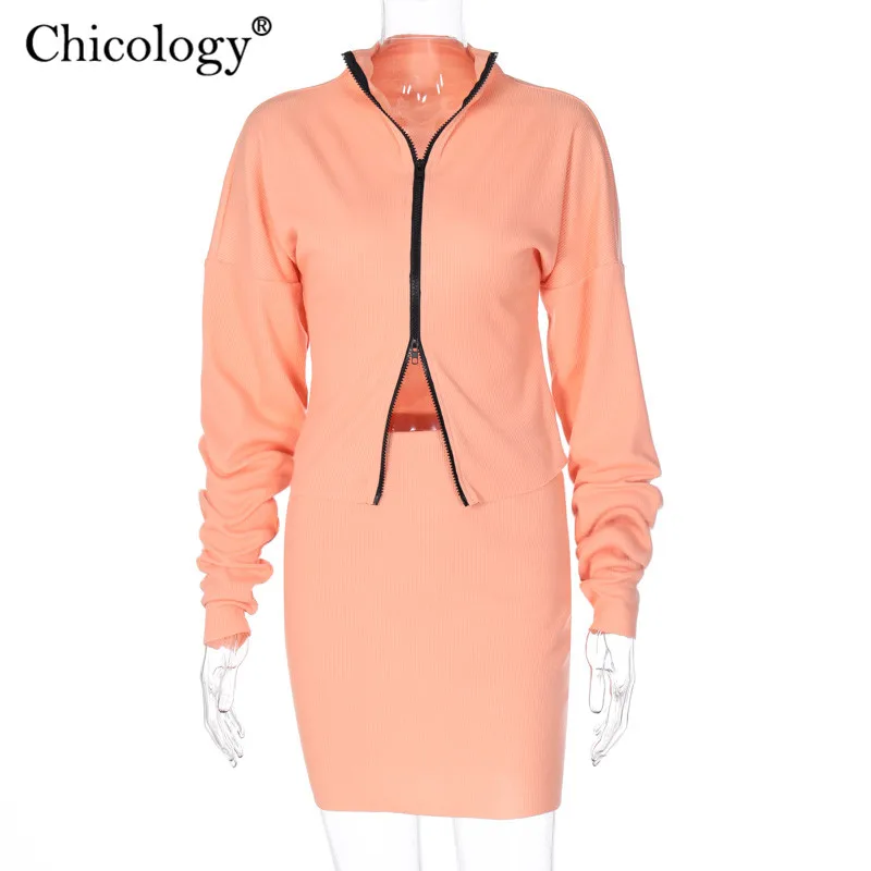 Chicology tõmblukk Tracksuit tilk õla pikad varrukad crop top, seelik 2 kahe-osaline komplekt, naiste 2020. aasta sügis-talvel streetwear riided
