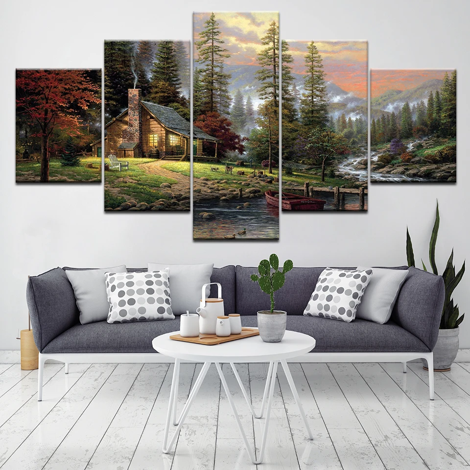 Lõuend Maali Seina Art kodu Kaunistamiseks 5 Paneel, Mägi, Jõgi, Puu Modulaarne Pilte metsamaastik HD Trükkimine õlimaali