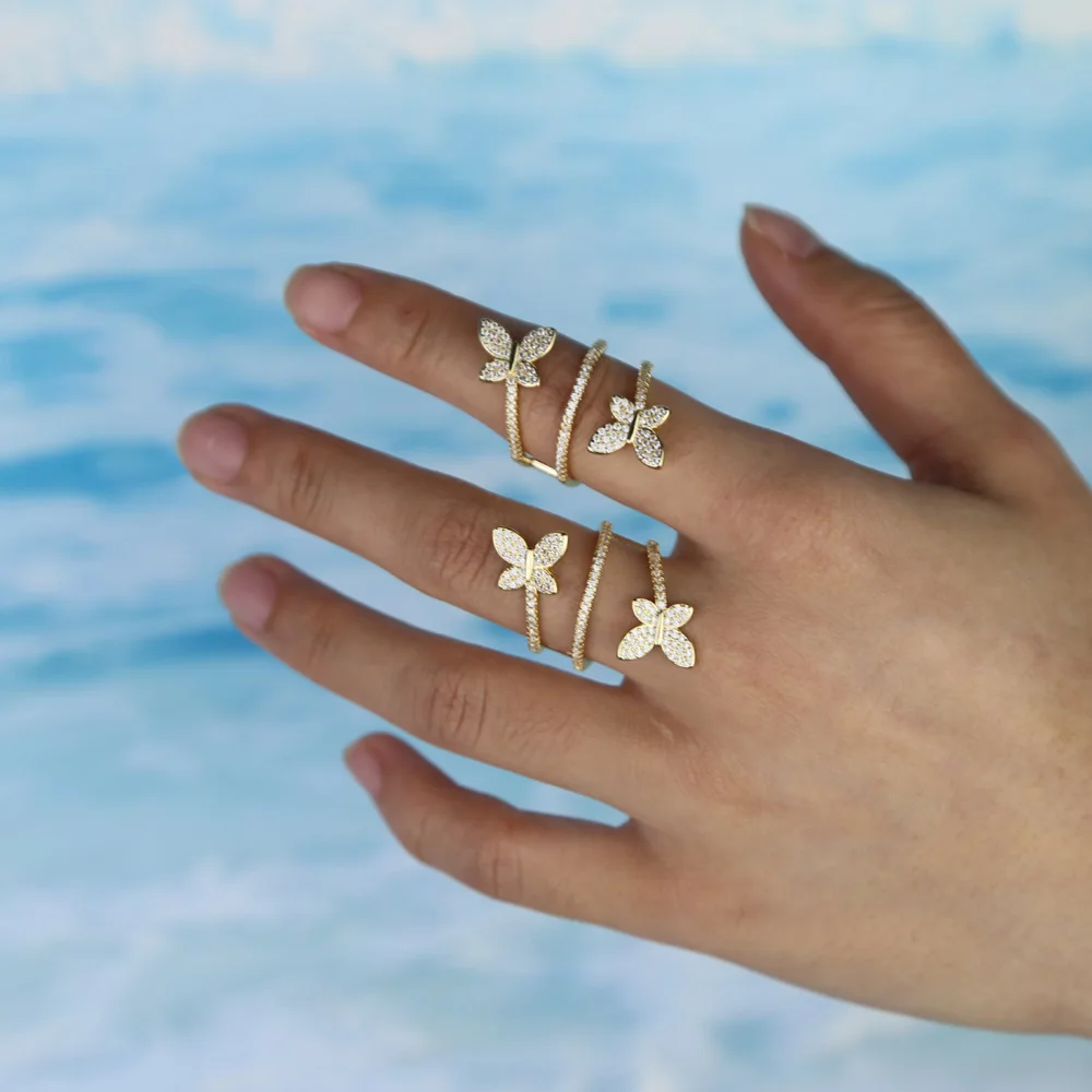 Pikk Naiste Täis sõrme sõrmus mikro sillutada cz Multi wrap liblikas võlu Kulda täis mood sõrme ehted