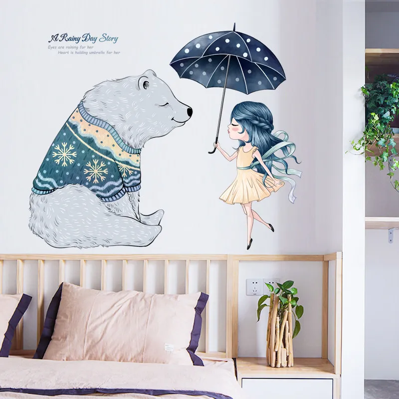 Cartoon Rainny Päeva Lugu Armas Karu Tüdrukud Seina Kleebised Lapsed Toas PVC Dekoratiivsed Seina Kleebised Lasteaed Baby Laste Decor