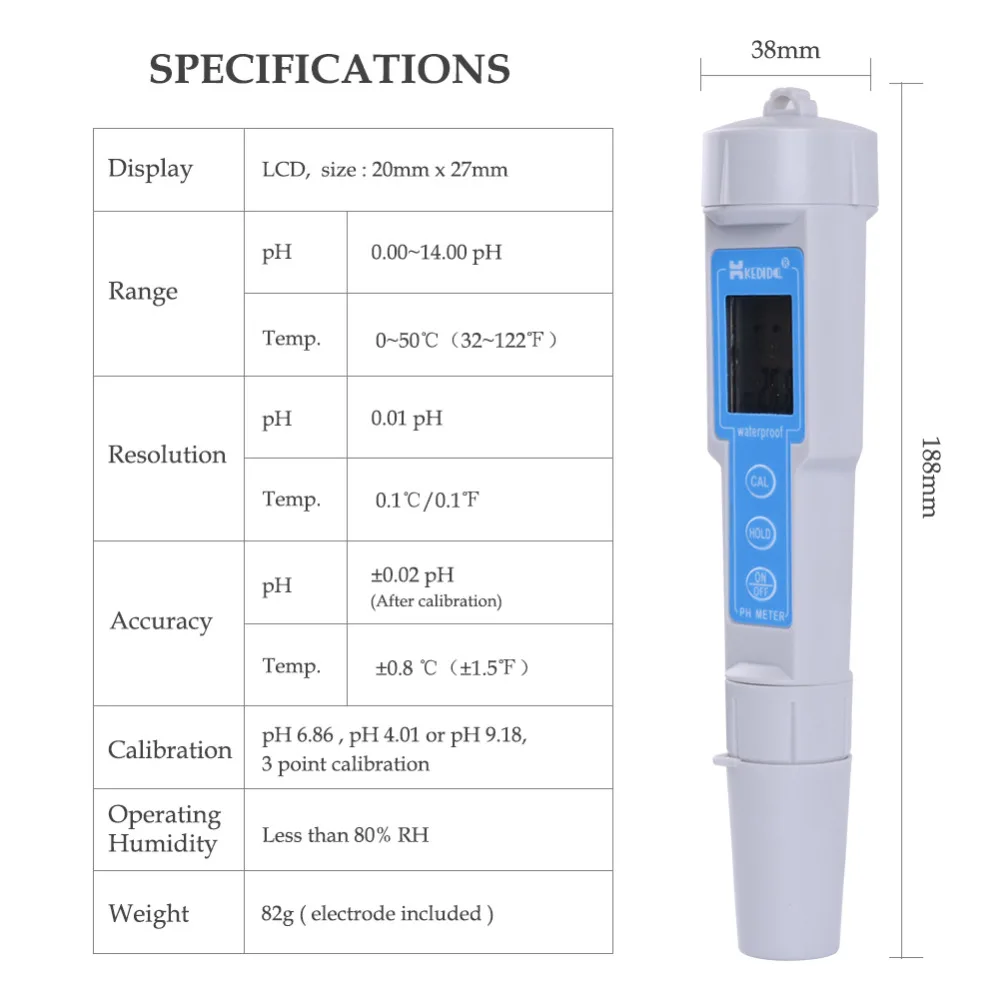 Veekindel CT-6023 Digitaalne PH Tester Pen-tüüpi Vee PH Väärtuse Test Meeter Kaasaskantav PH Tester Ekraan Detektor 0.00-14.00 pH