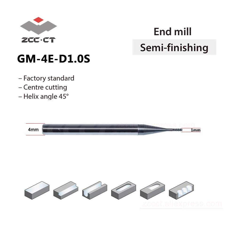 ZCC 1mm tahke ränikarbiidi end mill GM-4E-D1.0S 1D*4d*3H*50L cnc masin milling cutter 4 mm varre