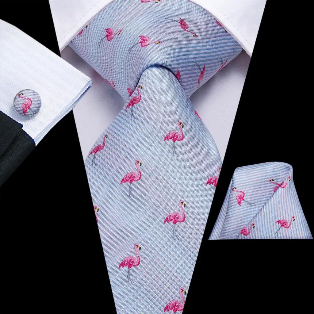 Hi-Tie Prindi Flamingo Siidist Lipsud, Meeste Taskurätikud Cufflinks Set Cartoon Õie Suured Meeste Lips Kingitus Meestele Jacquard Gravata