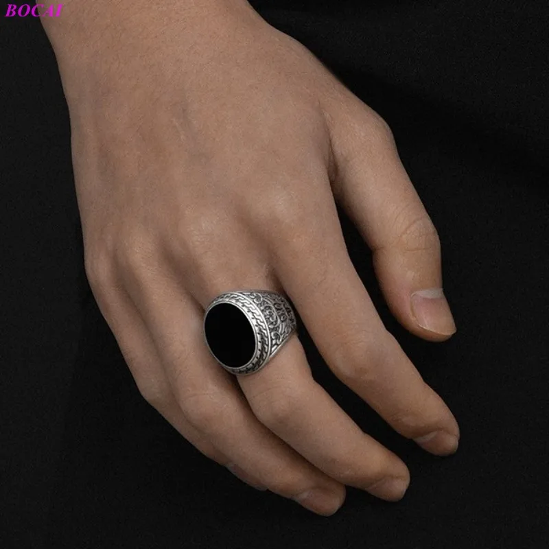 BOCAI Solide puhas hõbe 925 sõrmused Naturaalne Must Avärav Ringi meeste trendikas retro isiksuse võimutsev Tai hõbe rõngad