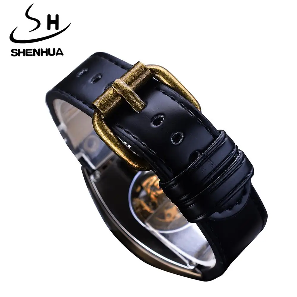 Shenhua Skeleton Dial Disain Must Kuldne Retro Mehaaniline Kella Nahk Bänd Helendav Käsi Automaatse Kella Meeste Spordi Kellad