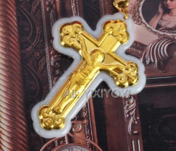 Looduslik Valge A-Klassi Featured Jade + 18K Kullast Inkrusteeritud Jeesuse Risti Õnnelik Amulett Ripats + Vaba Kaelakee Ehted Sertifikaat