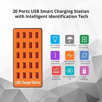 100W 20-Port USB-Jaoturid Koos Seina Adapteriga Smart laadimisjaama Auto Detect Tech & Kokkupandav Plug for iPhone, iPad, Samsung