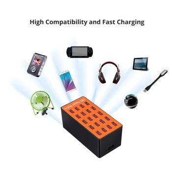 100W 20-Port USB-Jaoturid Koos Seina Adapteriga Smart laadimisjaama Auto Detect Tech & Kokkupandav Plug for iPhone, iPad, Samsung