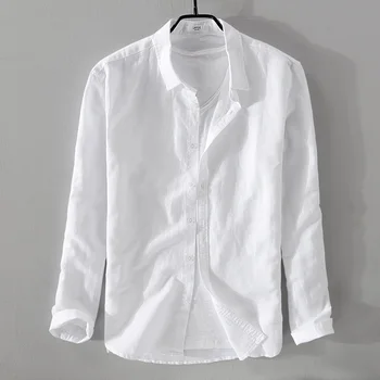 2019 Meeste uus puuvillane ja linane pikkade varrukatega särk valge casual särk meestele brändi mood tahke särgid meestele tops camisa chemise 4XL