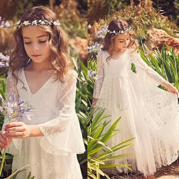 2019 Valge Pits Printsess Õhtusöömaaeg Kleidid Tüdrukute Õhuke Pikkade Varrukatega Boho lilleneiu Kleit Pulm Rannas Pageant Dress