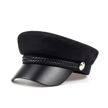 2019Female müts kevad puuvill mereväe müts mood must nahk fikseeritud crown hõbedane pannal on talvel soe müts Baretid müts kork