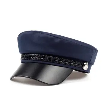 2019Female müts kevad puuvill mereväe müts mood must nahk fikseeritud crown hõbedane pannal on talvel soe müts Baretid müts kork