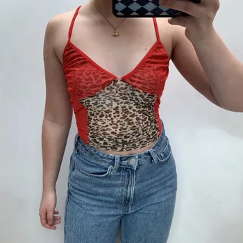 2020. aasta suvel daamid seksikas leopard printida piima silk ja võre camisole camisole õmblemine vest punane