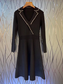 2020. aasta sügisel ja talvel uued naiste ülikond krae rasketööstuse beaded sisekujundus pikkade varrukatega-line kleit 827