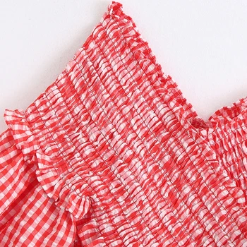 2020 Englan Stiilis Naiste punane ruuduline elastne lühike smock pluus särgid naiste laterna varruka agaric pits slim femininas tops LS6436