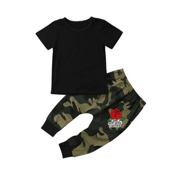 2PC Väikelapse Lastele, Beebi Riided, Poiste T-särk, Top + Kamuflaaž Pikad Püksid Varustus+Tikitud lilled roos