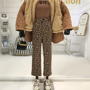 3Sexy Leopard Print -, Plüüš-kõrge vöökoht vabaaja püksid Naiste Sügis / Talv 2020. Aasta Uus mood alla tunne Tänav lai jalg püksid