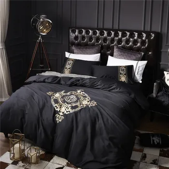 4tk Puuvill Must Kuldne Luksuslikud Voodipesu Komplektid Voodi riided Kuningas Kuninganna tekikott Voodi Lehel Voodipesu komplekt Padjapüürid Hotel voodi