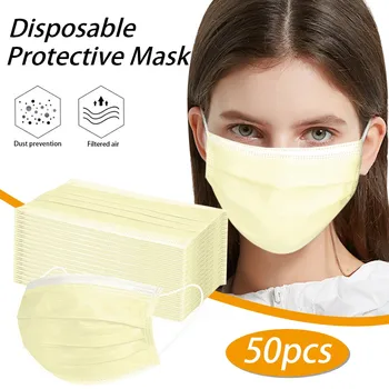 50TK Täiskasvanute Tolmukindel Ühekordselt Näo Mask 3ply Õhu Puhastamiseks Facemasks Kollane Suu Katta Filter Mask näomask Masque