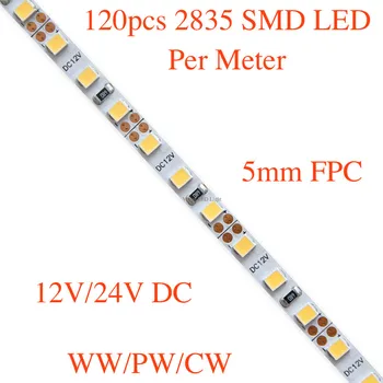 5mm FPC, Slim paindlik SMD LED valgus, 120pcs 3528/ 3014/ 2835 SMD led meetri kohta, DC 12V/ 24V, 5m rulli/palju