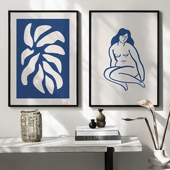 Abstraktne Seina Art Lõuend Värvimine Sinine Joon Tüdruk Lotus Leaf Põhjamaade Plakatid Ja Pildid Seina Pildid Elutuba Home Decor