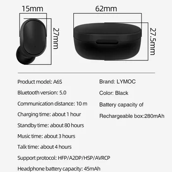 Algne A6s Mini Wireless Earbuds Jaoks Redmi Airdots Xiaomi Kõrvaklapid TWS 5.0 Bluetooth Kõrvaklapid Stereo, Bass Earbuds AI Kontrolli