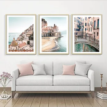 Amalfi Rannikul Mereäärses Lained Trammi-Põhjamaade Veneetsia Plakatid Ja Pildid Seina Art Lõuend Maali Seina Pildid Elutuba Decor