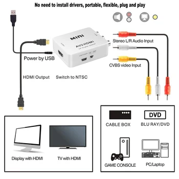AV HDMI AV2HDMI RCA, HDMI 1080P Video Converter Signaali Konverter-Adapter Toetab NTSC PAL Väljund TV, VHS VIDEOMAKK-DVD