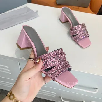 Bling bling crystal naiste sussid square varba paksu kõrge kontsaga sandaalid candy värvi suvine pool kleit kingad sandalias 2020