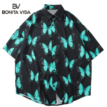 Bonita Vida Liblikas Prindi Beach Särgid Mens Fashion Vabaaja Hawaii Troopiline Lühikesed Varrukad Aloha Laagris Nuppu Top Särk