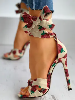 Daamid Kingad Naistele Armas Sidemega Kõrge Kontsaga Sandaalid Puu-Print Keerdsilmusena Detail Peep Varba Stiletto Kontsad